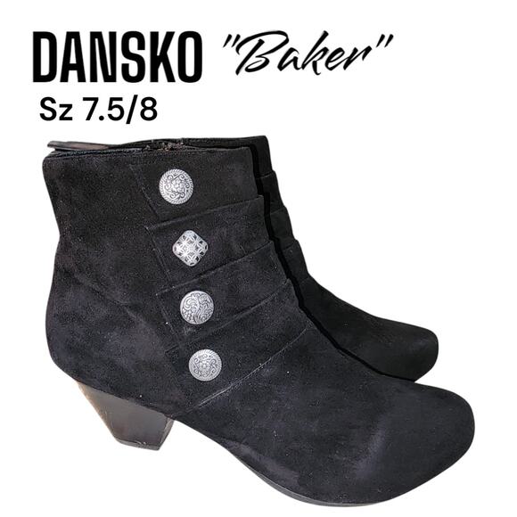 DANSKO BAKER 7.5/8 Black Suede Silver Metal Accents Side Zip Heel Ankle Booties - Picture 1 of 10
